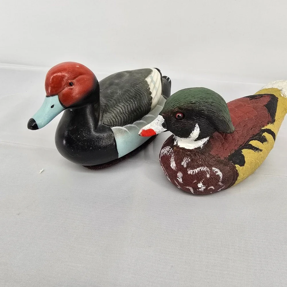 Vintage Hand Painted Duck Decoy Figurines Redhead and Wood Duck‎ Set of 2